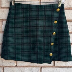 Green Plaid Skirt with Gold Buttons